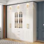 Luxury White Wardrobe Set with Integrated Drawers & Display Shelf