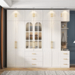 Luxury White Wardrobe Set with Integrated Drawers & Display Shelf