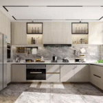 Modern Beige Acrylic Sheet Kitchen Cabinets PVC Cuisine Unit