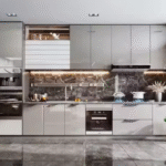 Modern Kitchen Storage Cabinets Handleless Light Gray Glossy Design