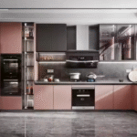 Modern Kitchen Storage Cabinets Handleless Light Gray Glossy Design