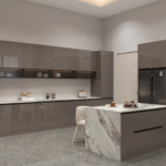 Modern L-Shaped Kitchen Cabinet Set with Dark Brown Glass Display ARL-G-014