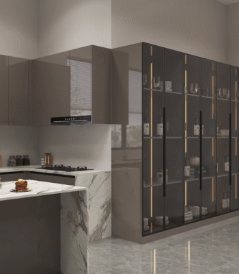 Modern L-Shaped Kitchen Cabinet Set with Dark Brown Glass Display ARL-G-014