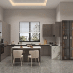 Modern L-Shaped Kitchen Cabinet Set with Dark Brown Glass Display ARL-G-014