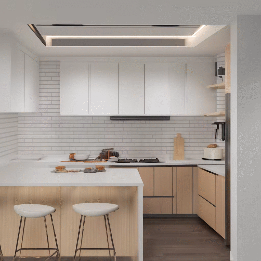Modern L-Shaped Kitchen Cabinets with White Countertop and Light-Wood Finish ARL-C-0598