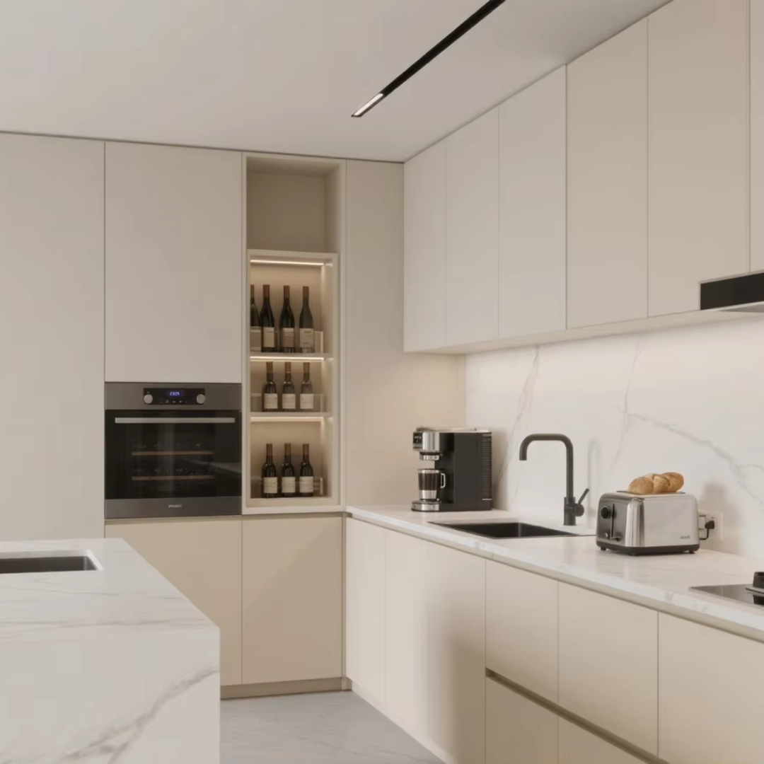 Modern U-Shaped Beige Kitchen Set with White Countertop ARL-C-006 Modern U-Shaped Beige Kitchen Set with White Countertop ARL-C-006