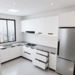 Modern White Modular Kitchen Cabinets with Black Handles Open Shelving ARL-C-004