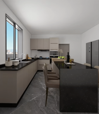 U-Shaped Modular Kitchen Cabinet with Quartz Countertop and Handle-less Design ARL-SPK250627001