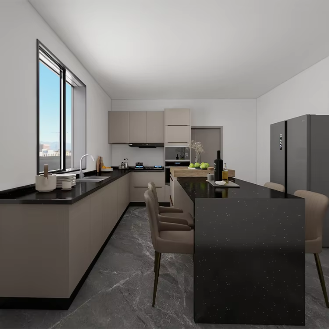 U-Shaped Modular Kitchen Cabinet with Quartz Countertop and Handle-less Design ARL-SPK250627001