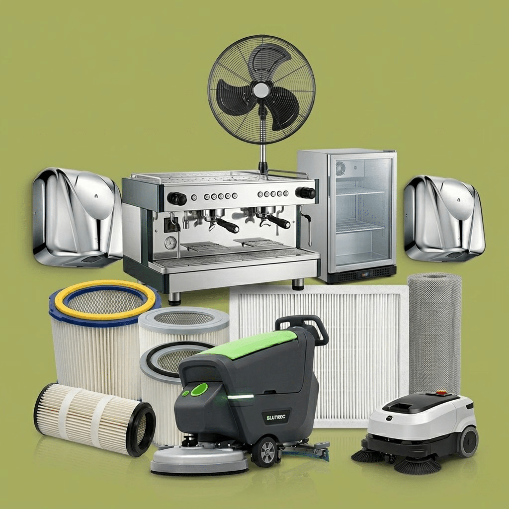 Commercial Facility & Cleaning Equipment for managing commercial buildings, offices, and large-scale hygiene. * Cleaning Machines * Cleaning Robots * Coffee Machines (Commercial grade) * Commercial Refrigeration * Fans (Industrial/Commercial) * Filters * Hand Dryers